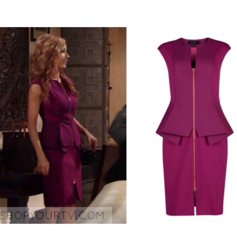 Ted Baker Kwyli Structured Zip Front Peplum Body-Con Sheath Dress SZ 2 Purple